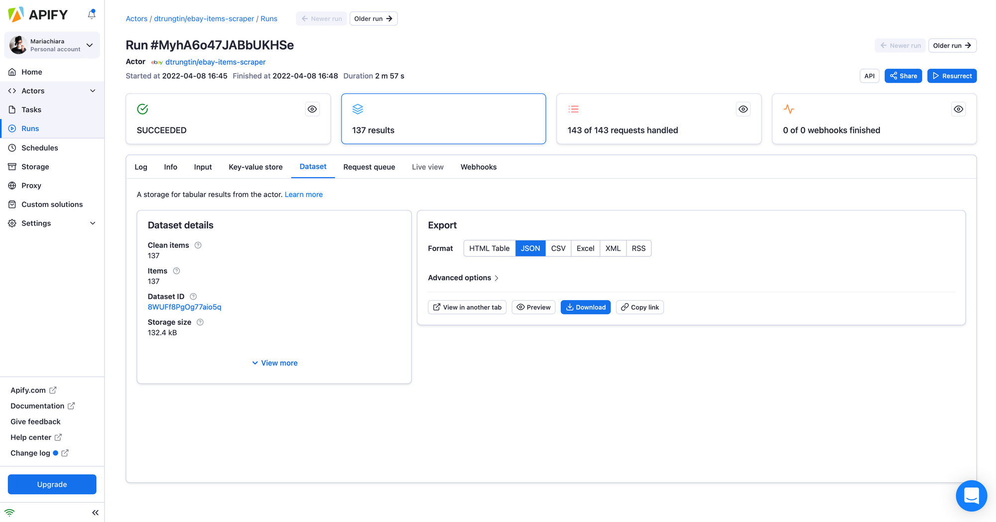 screenshot of Dataset tab with various dataset export options