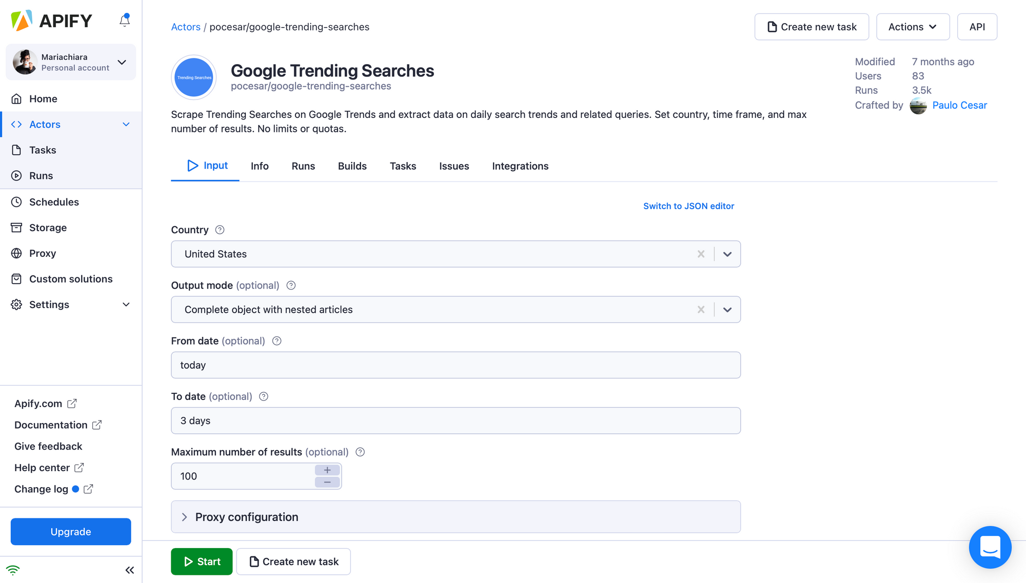 The input fields for Google Trending Searches on Apify Console.