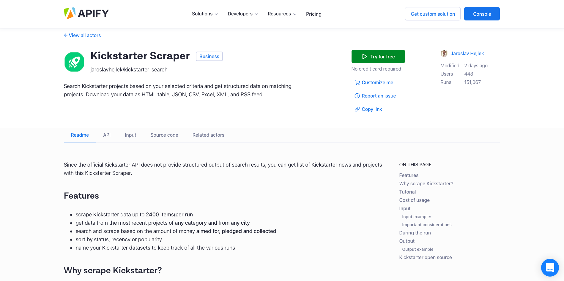 The Kickstarter scraper's page on Apify Store