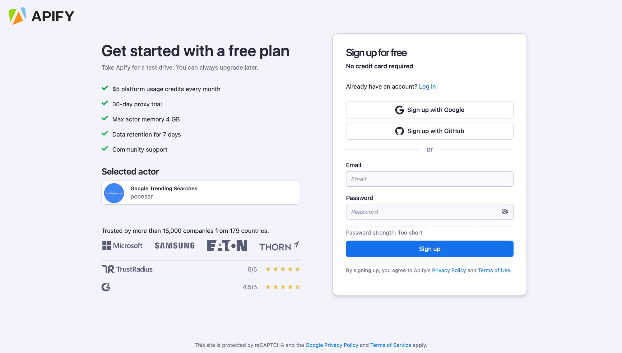 Screenshot of the login form with options for quick sign in as well as details about the free plan and companies using the platform.