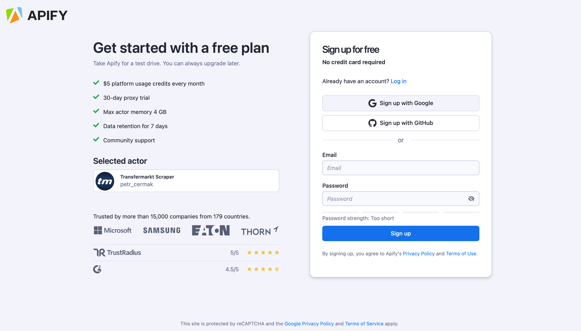 Screenshot of the login form with options for quick sign in as well as details about the free plan and companies using the platform.