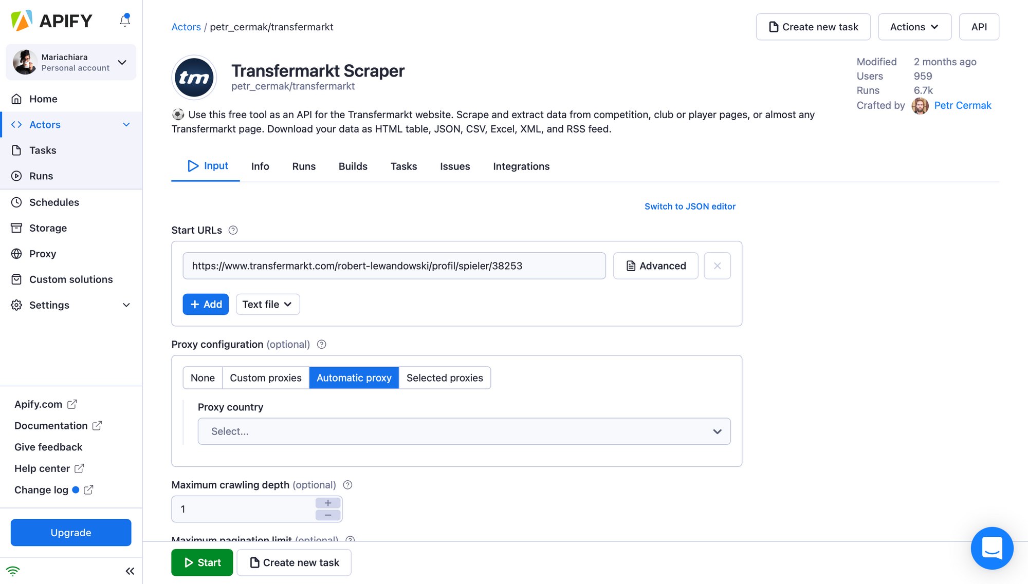 Tranfermarkt Scraper with default inputs. 