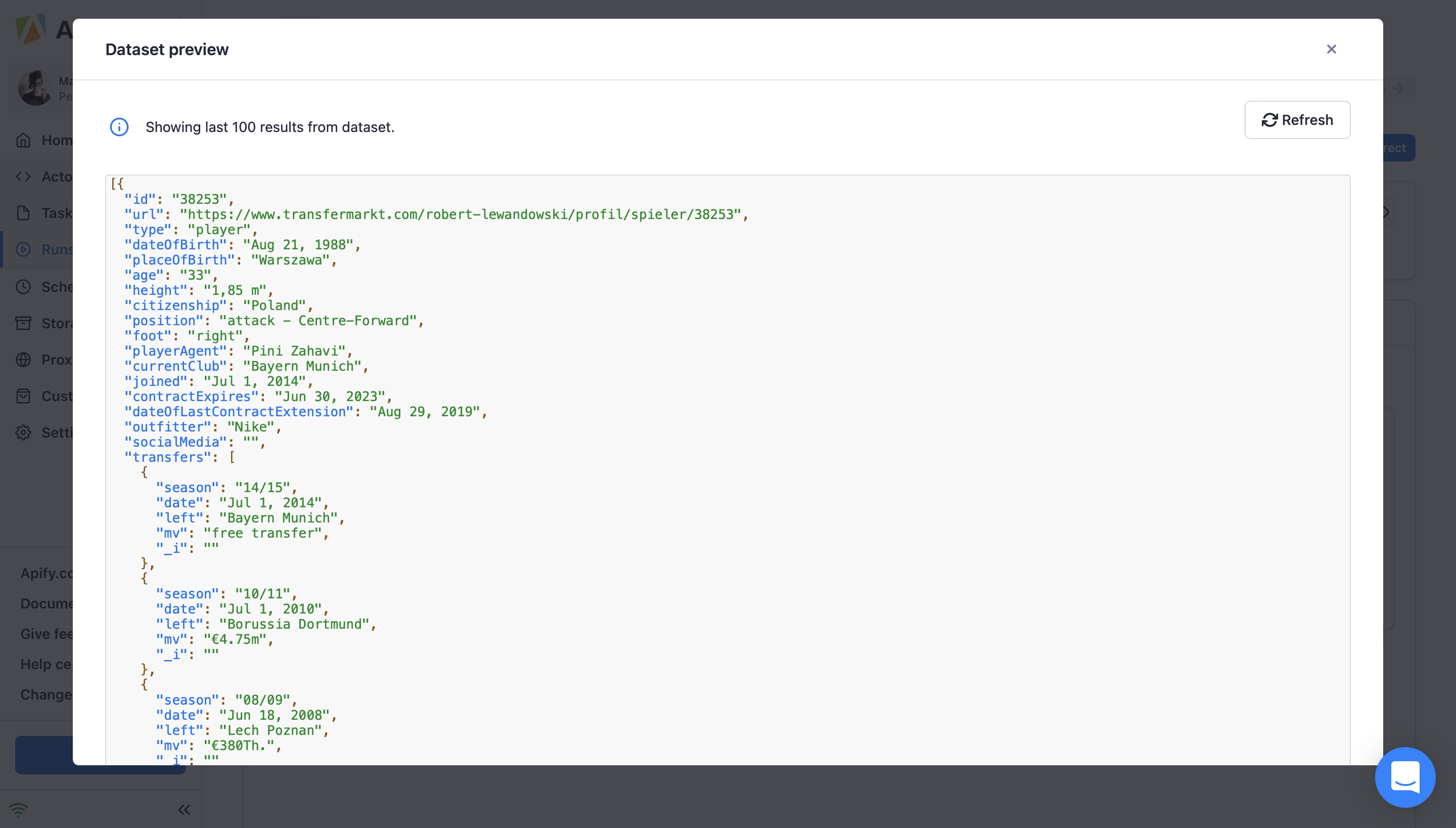 JSON preview of the data in a pop over panel.