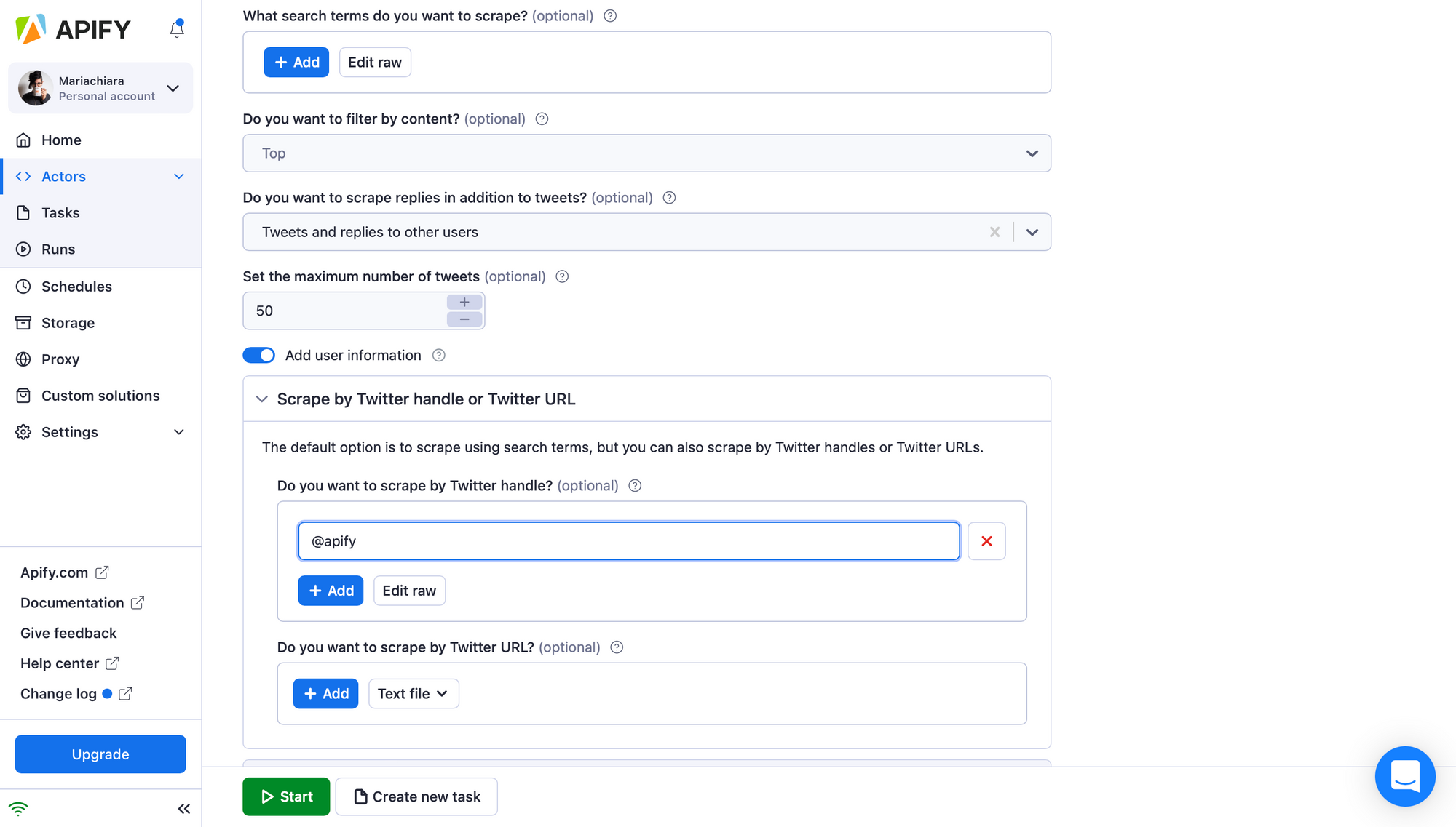 How to scrape data from twitter: In the scraper's input fields, insert the Twitter handle...