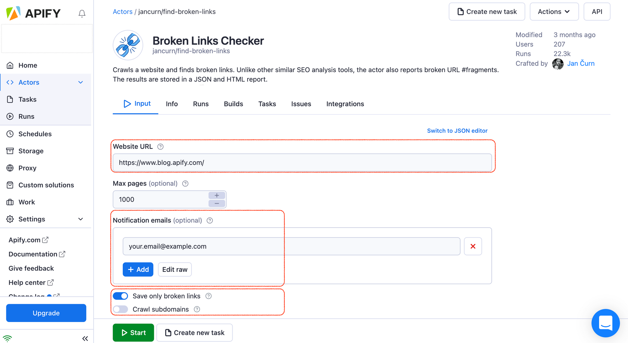 The input fields for Broken Links Checker