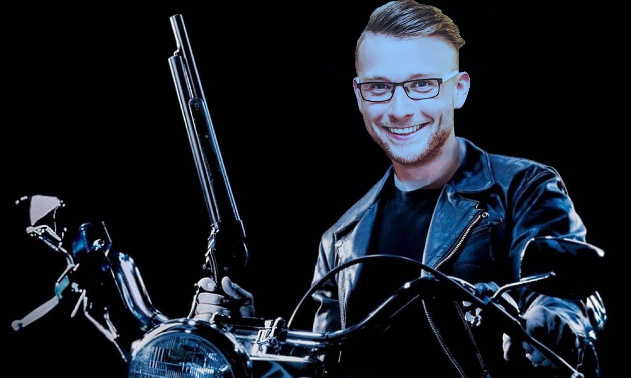 Apifier photoshopet as the terminator on a motorbike and with a gun.