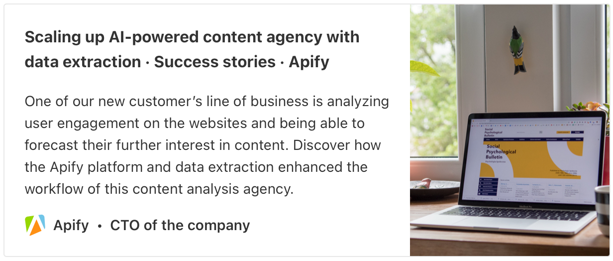 Scaling up Al-powered content agency with data extraction Success stories Apify
