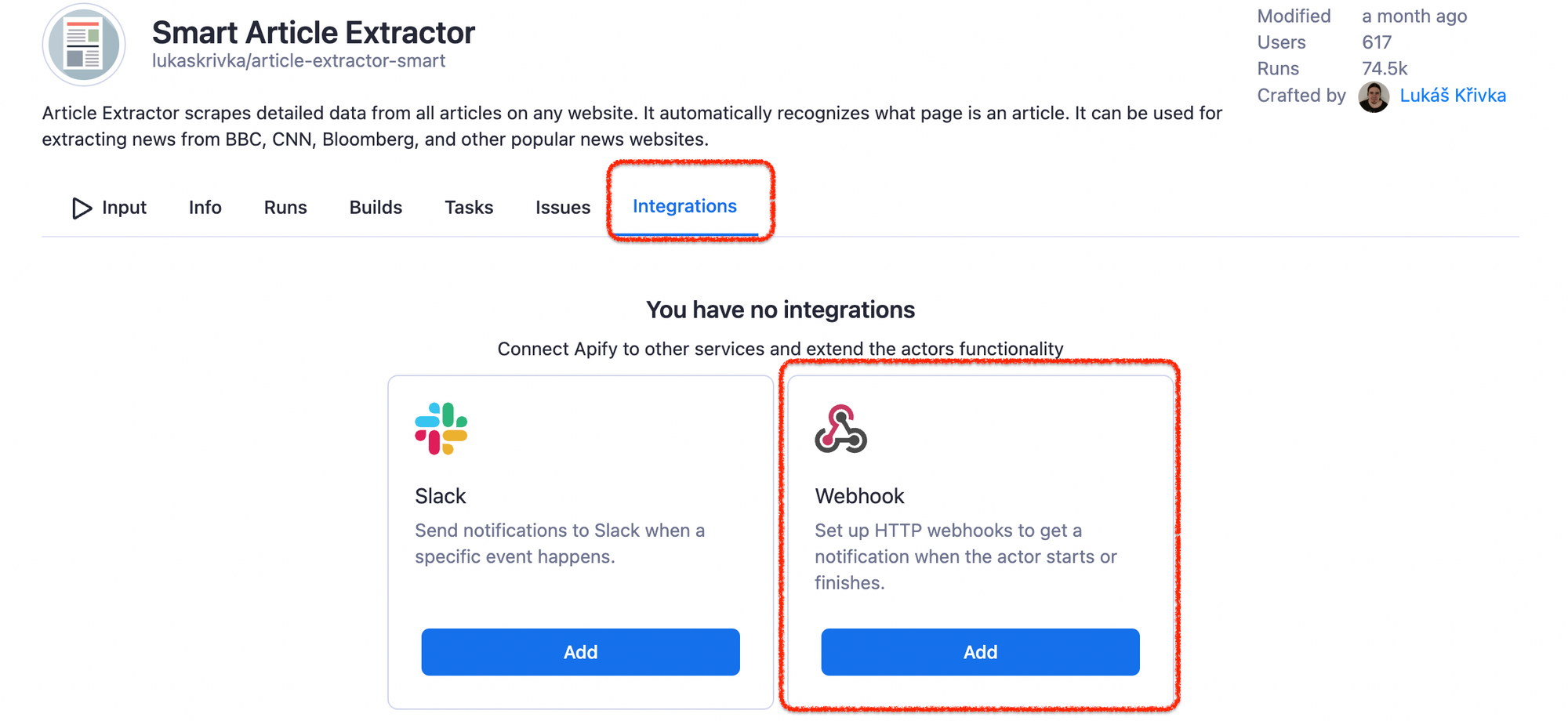 Go back to the Smart Article Extractor task, find the Integrations tab, click to Add a Webhook