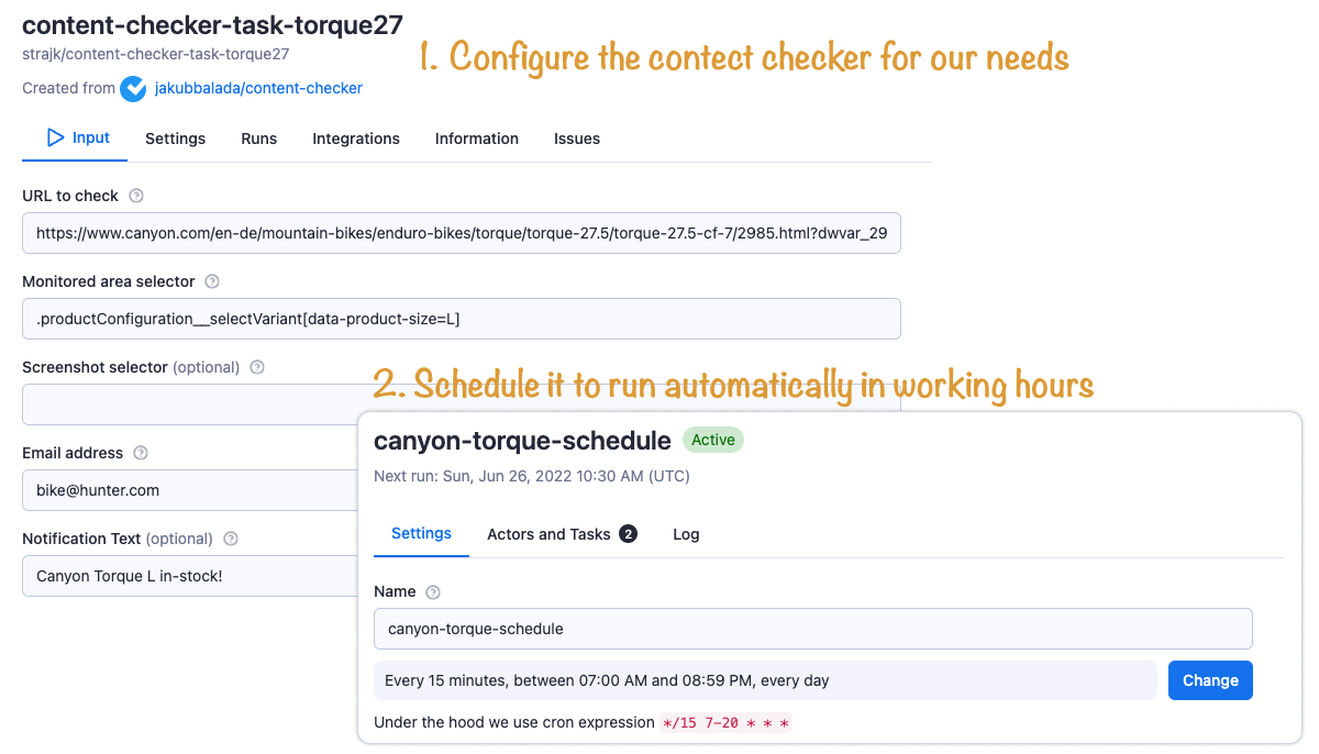 screenshot of Content Checker on Apify Console showing a task being set up