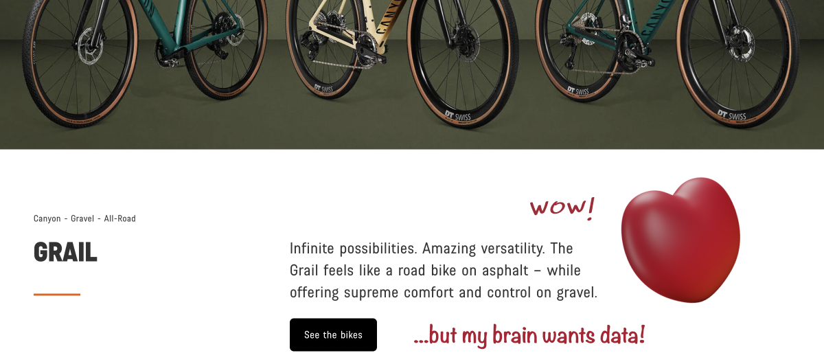 marketing text of a bike with added caption "wow! but my brain wants data!"