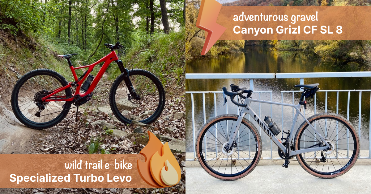 pictures of 2 different bikes with captions: "wild trail e-bike Specialized Turbo Levo" and  "adventurous gravel Canyon Grizl CF SL 8"