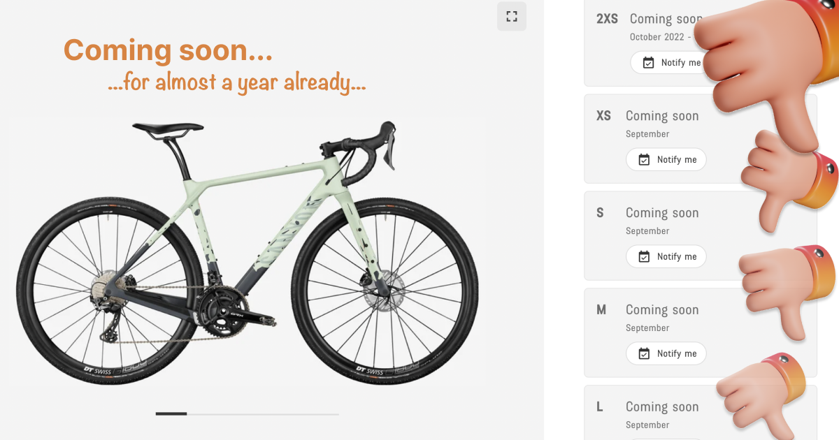 bike on an e-shop with all sizes captioned: "Coming soon"