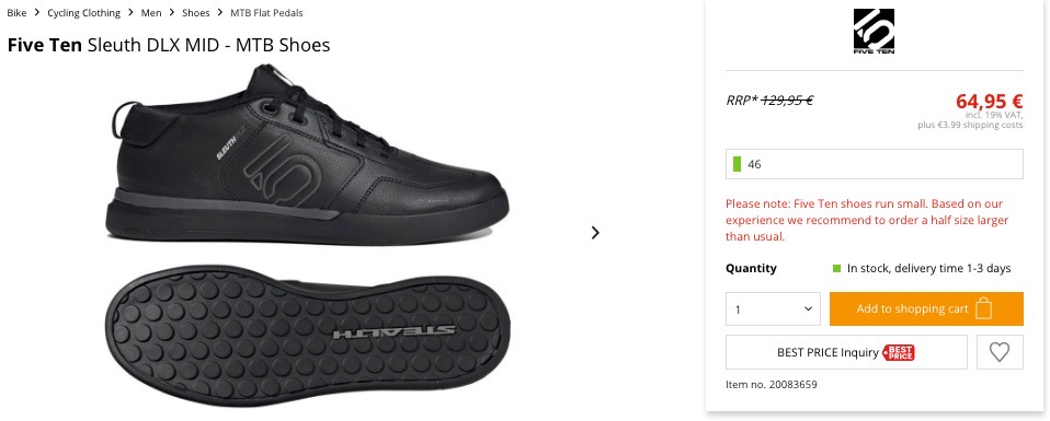 screenshot of Five Ten shoes on sale