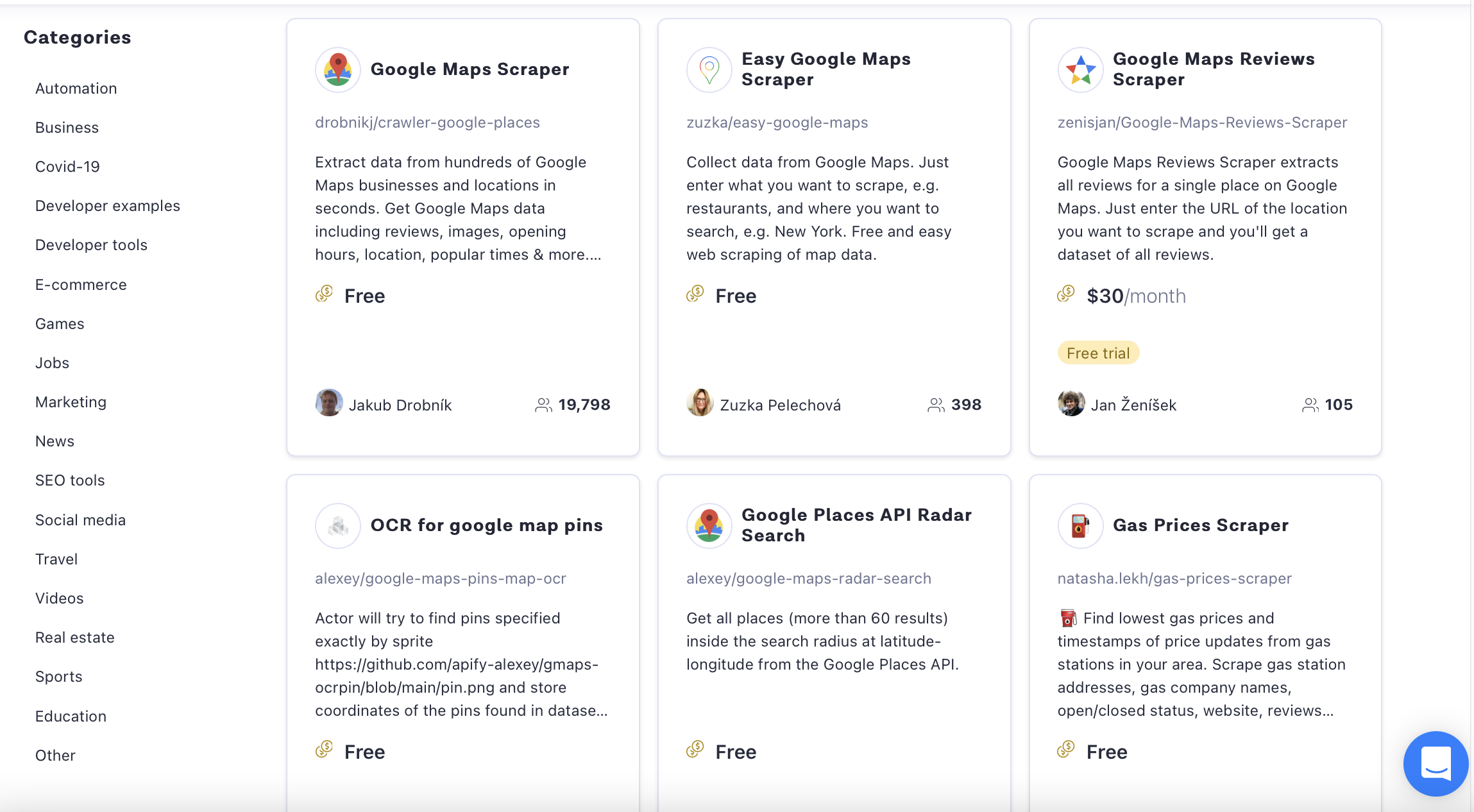 screenshot of various Google Maps Scrapers on Apify Store