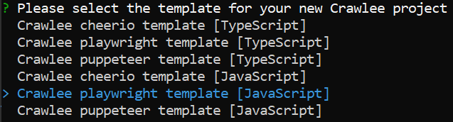 screenshot of setting up a Crawlee project for Playwright using the terminal