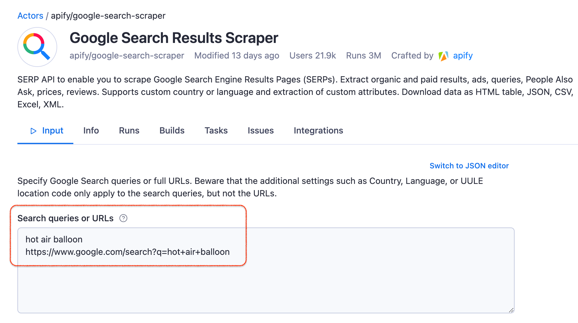 Google Search Results Scraper on Apify Console - typing in search query