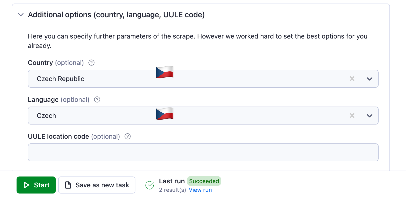 Set up country and language of search. We're going to go for Czech Google in Czech language