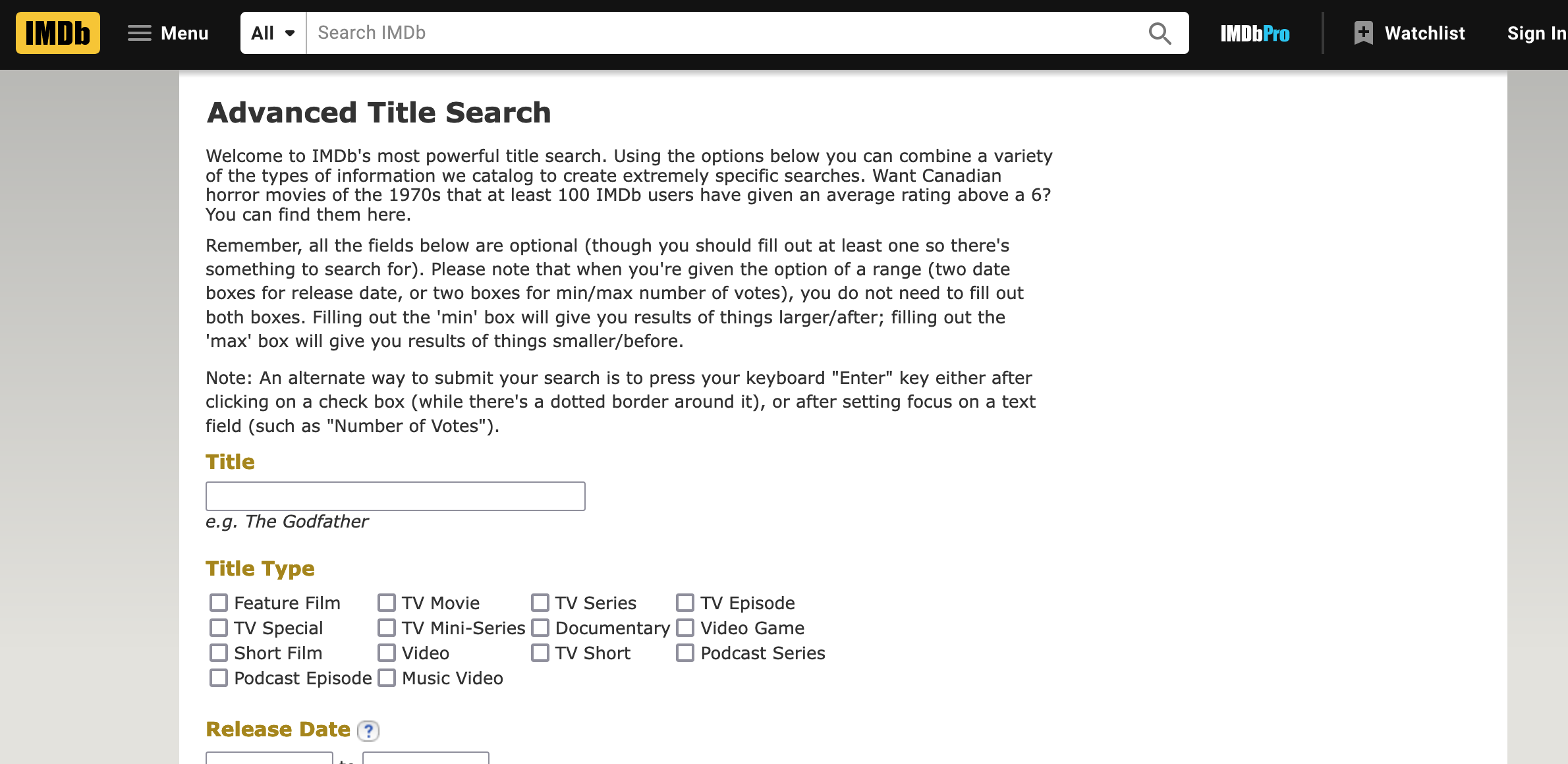 Screenshot of the IMDb page where you can select filters for your search.