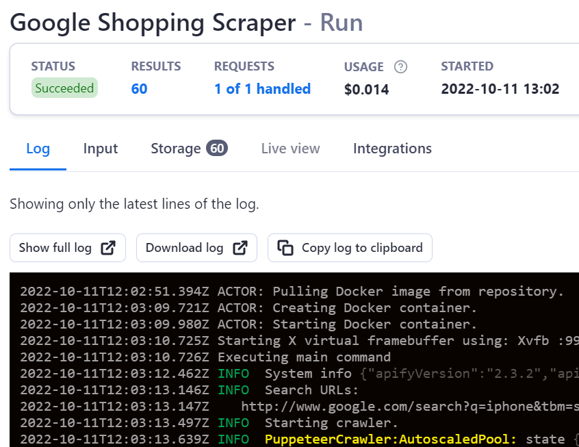 A successful scraping run of Google Shopping on the Apify platform