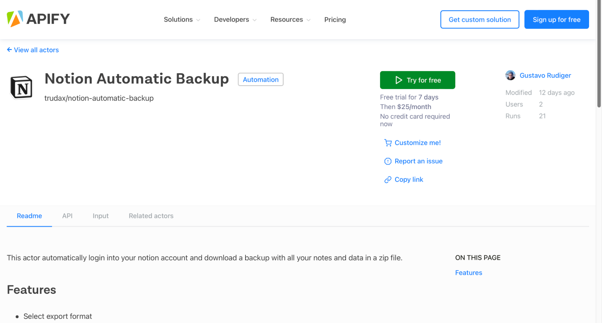 Notion Automatic Backup's page on Apify Store.