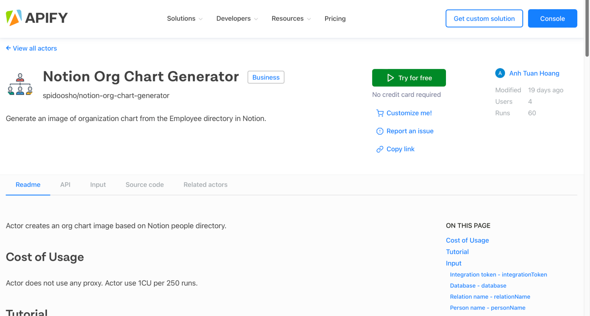 Notion Org Chart Generator's page on Apify Store.