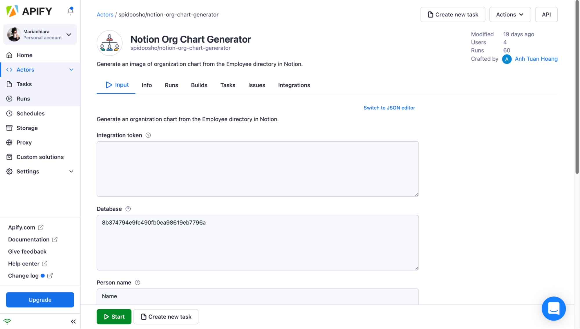 Notion Org Chart Generator's page on Apify Console.