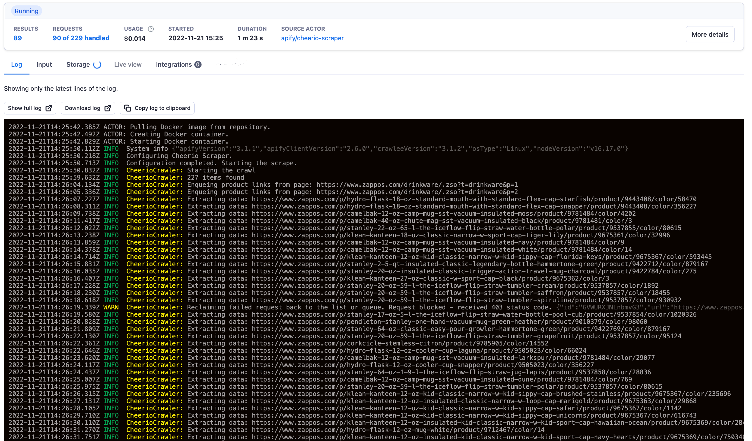 Apify actor log