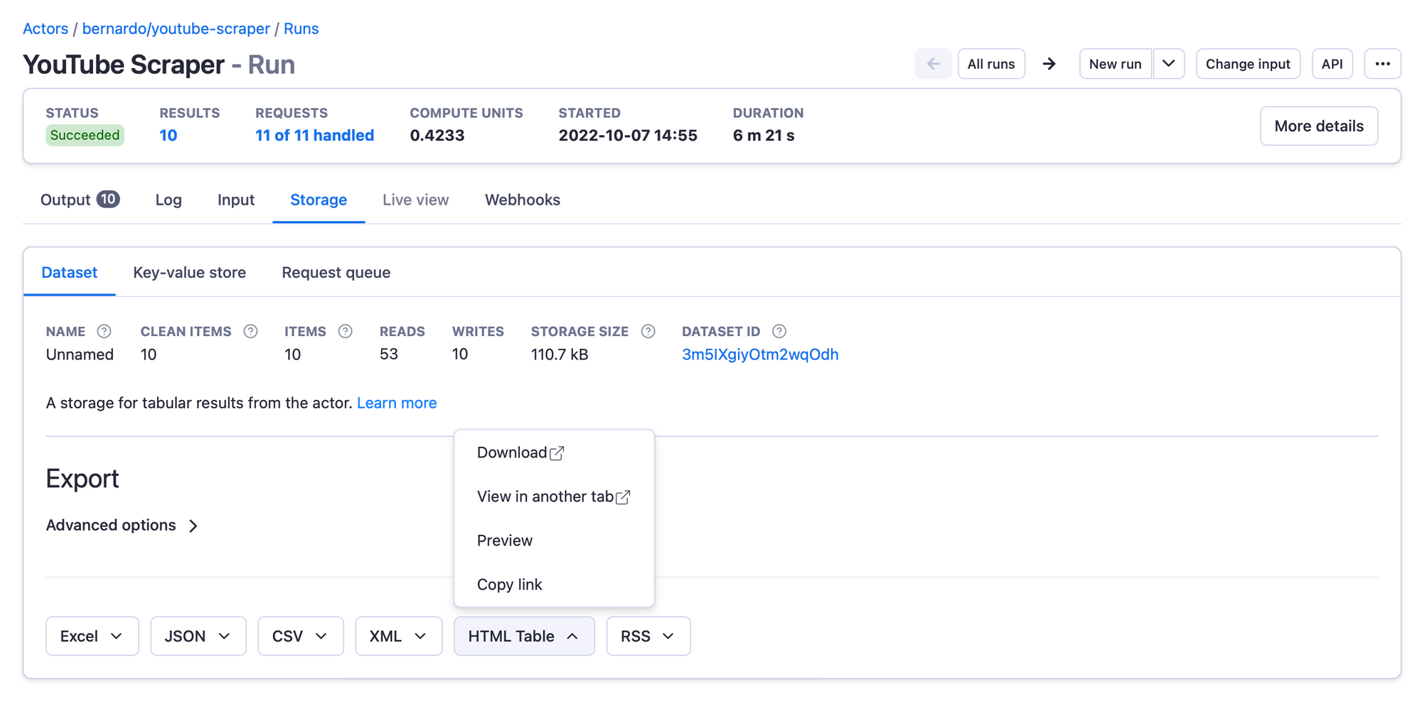 Storage tab on scraper's output page showing the various available formats