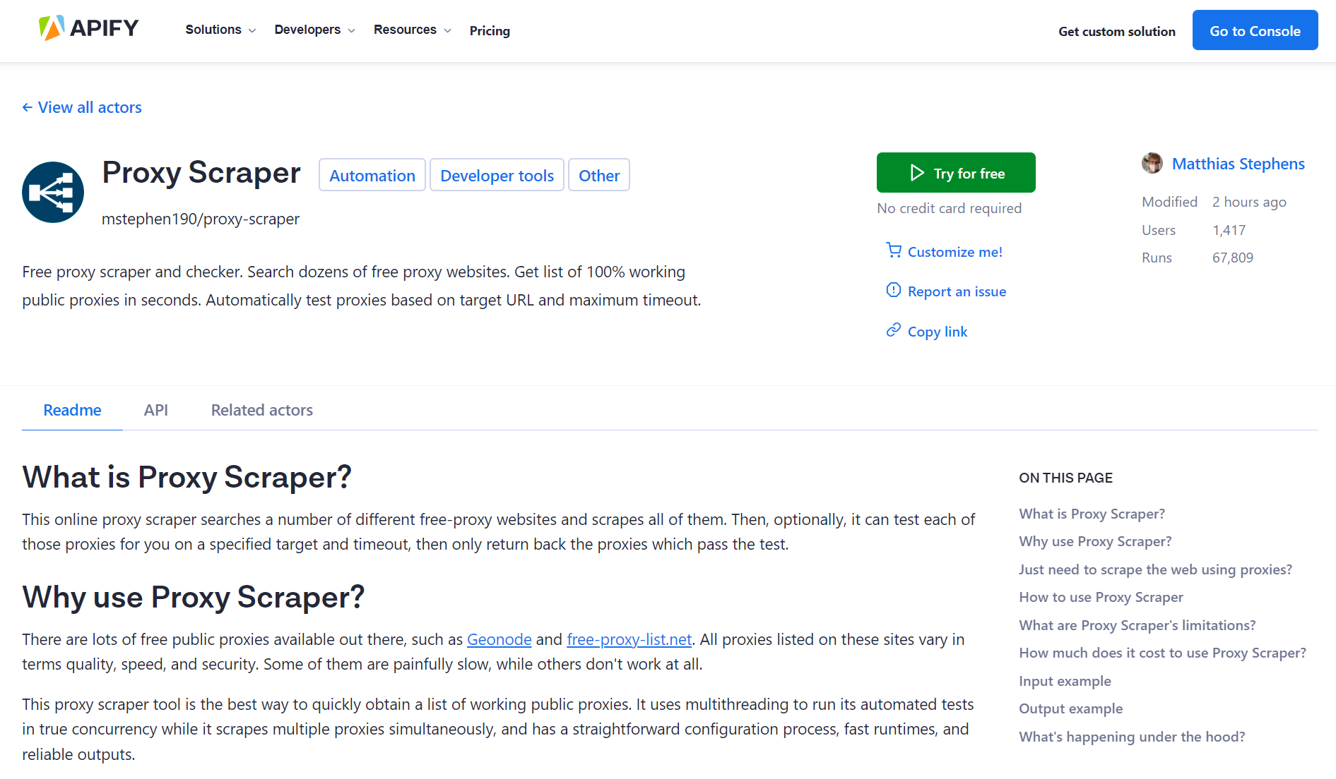 screenshot of Proxy Scraper on Apify Store