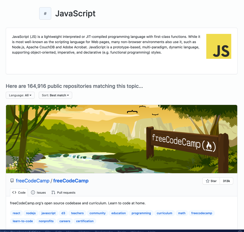 The page for JavaScript GitHub Topics