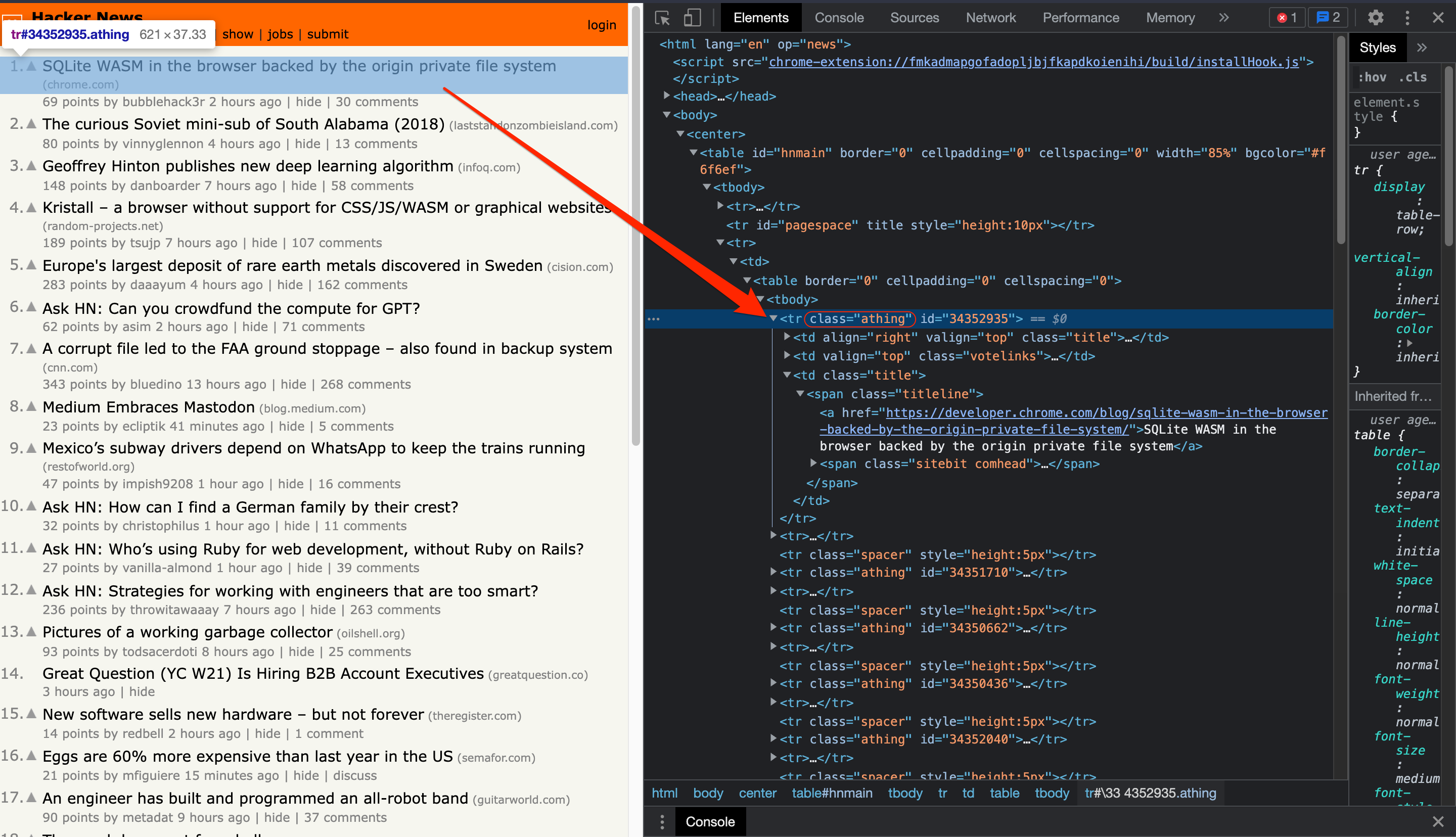 Developer tools analyzing Hacker News web page