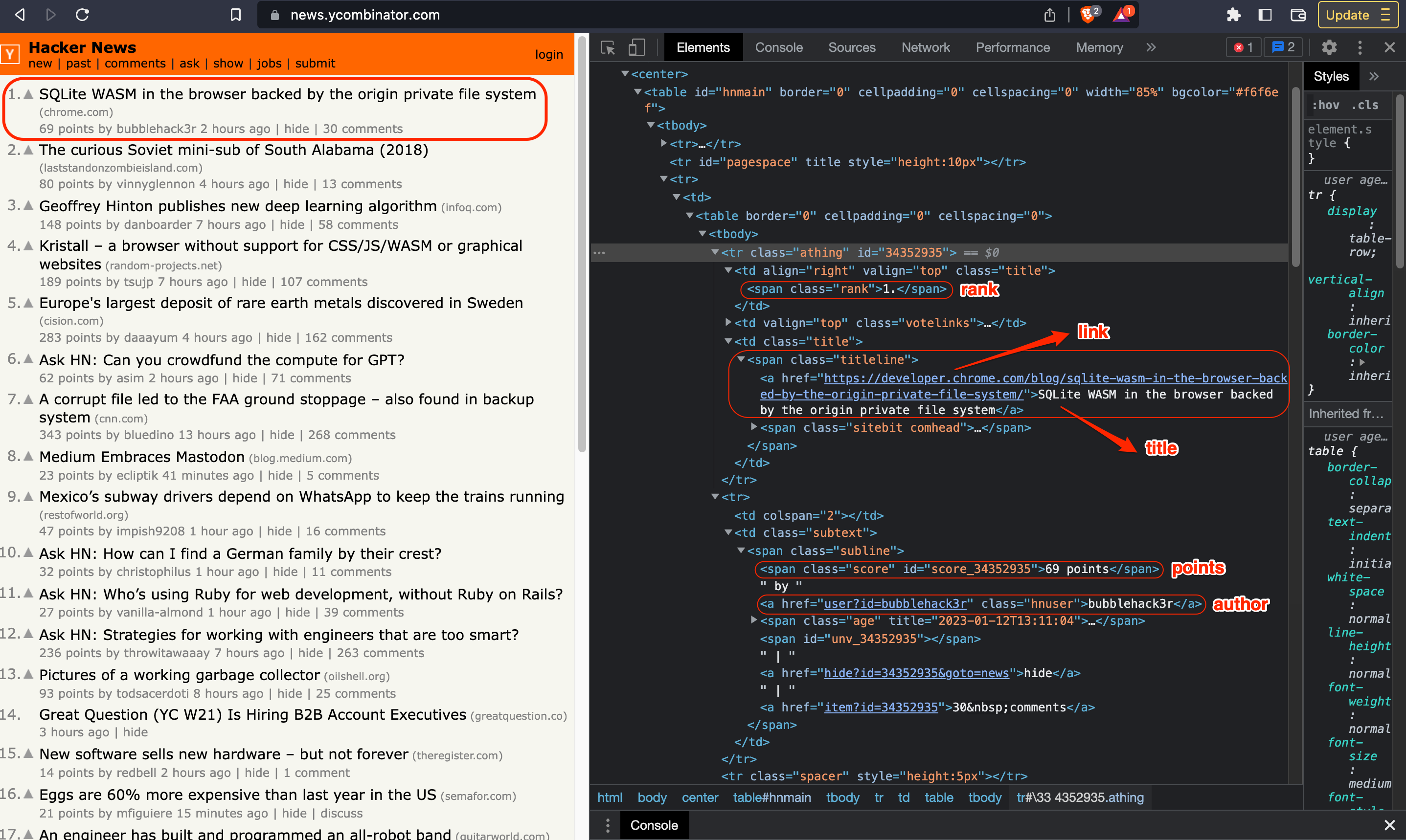 Element selectors illustrating the CSS selectors used on the Hacker News website