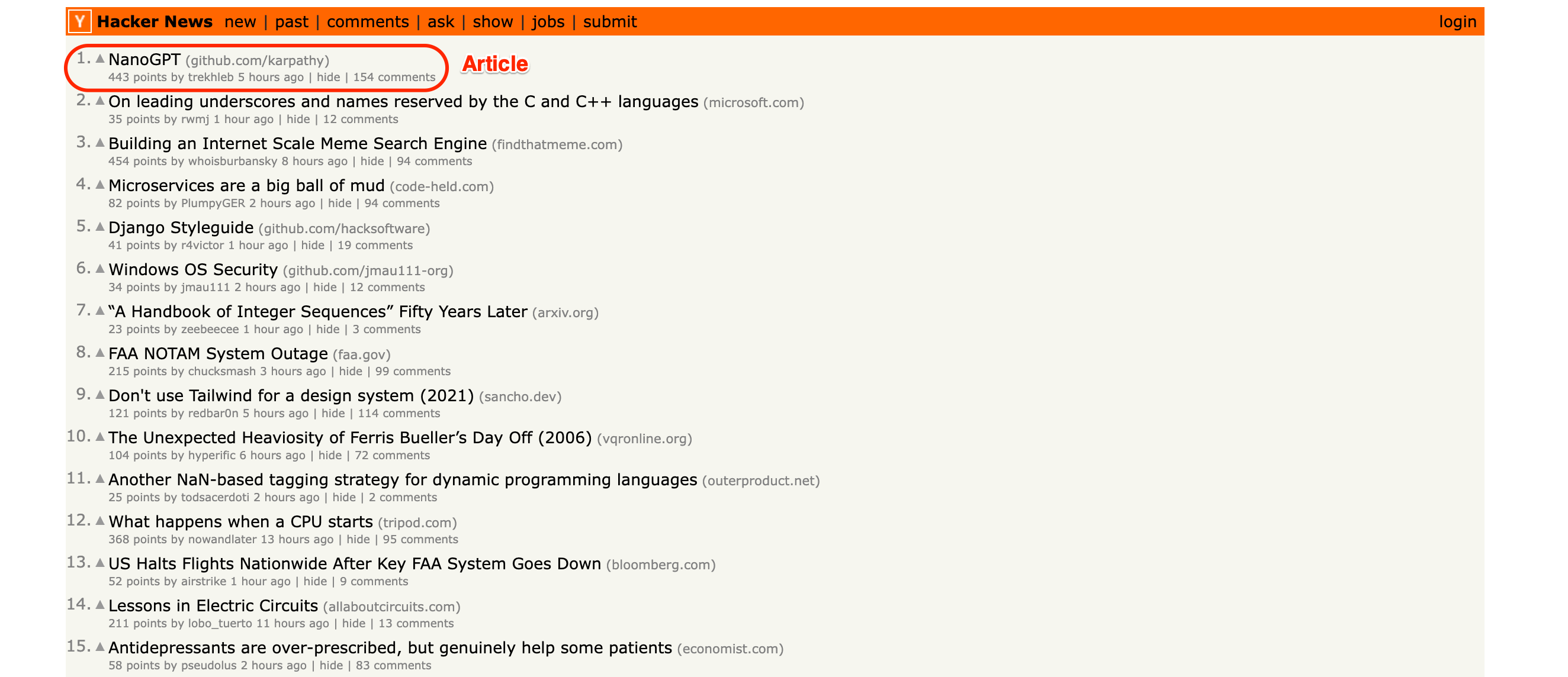 Screenshot of Hacker News front page to accompany article on using Axios, Cheerio and Node.js to scrape data from Hacker News