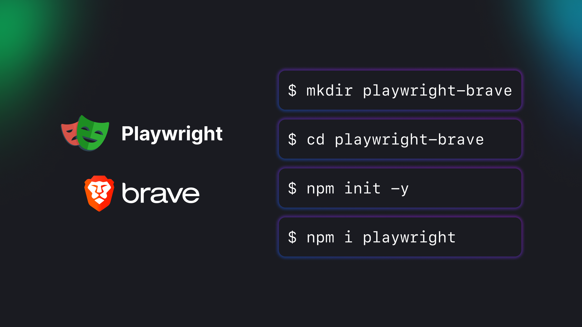 Illustration of Playwright and Brave logos along with code to install Playwright