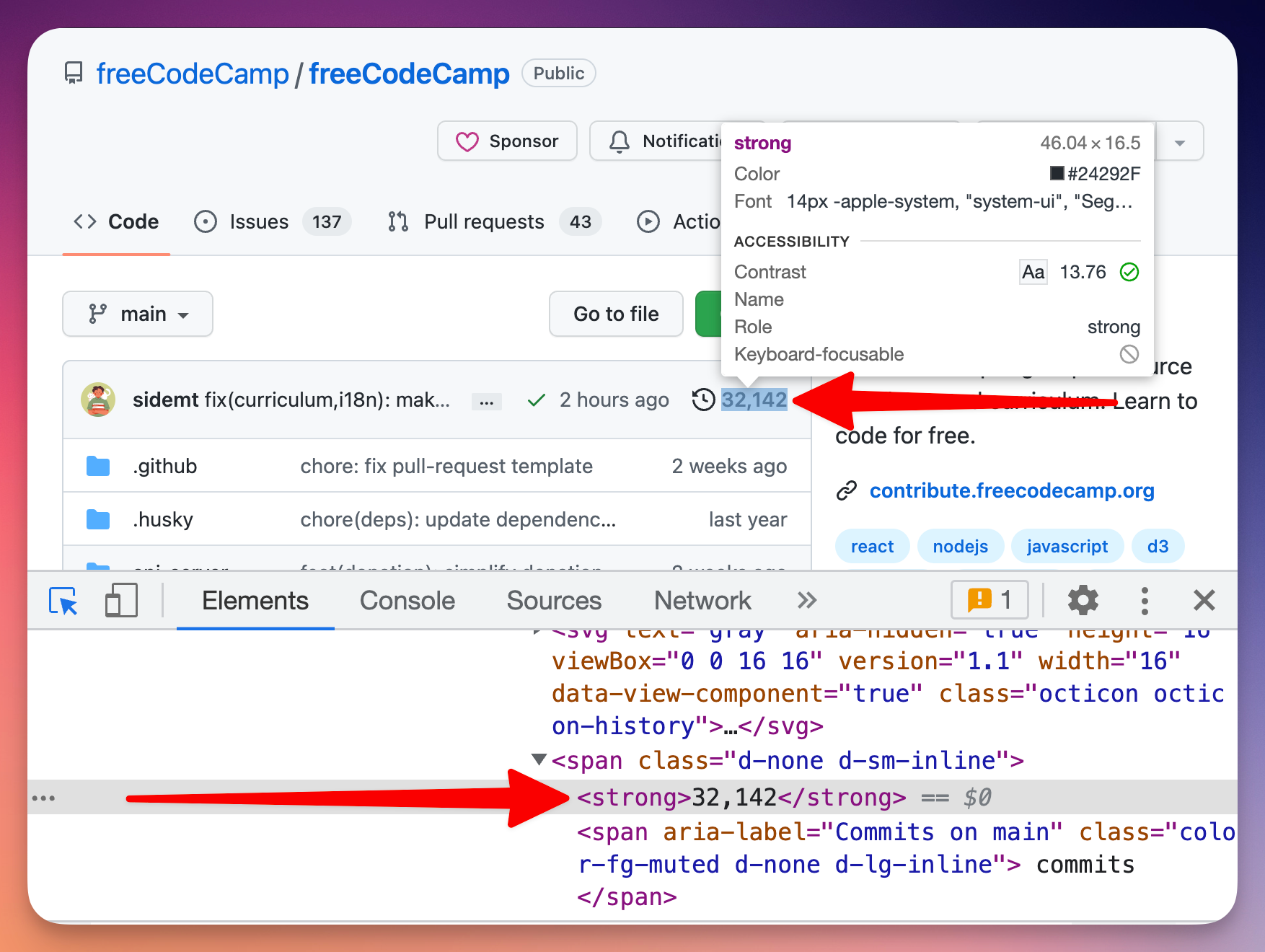 Extracting commit counts from DevTools