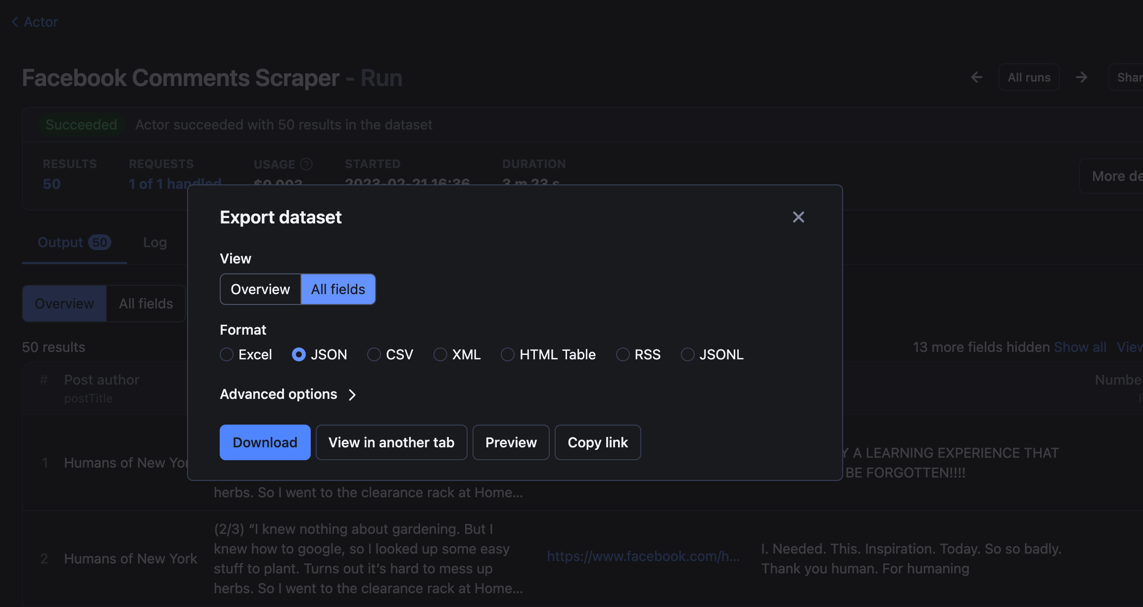 Preview 👁 the extracted data as a table, spreadsheet, CSV or JSON file.