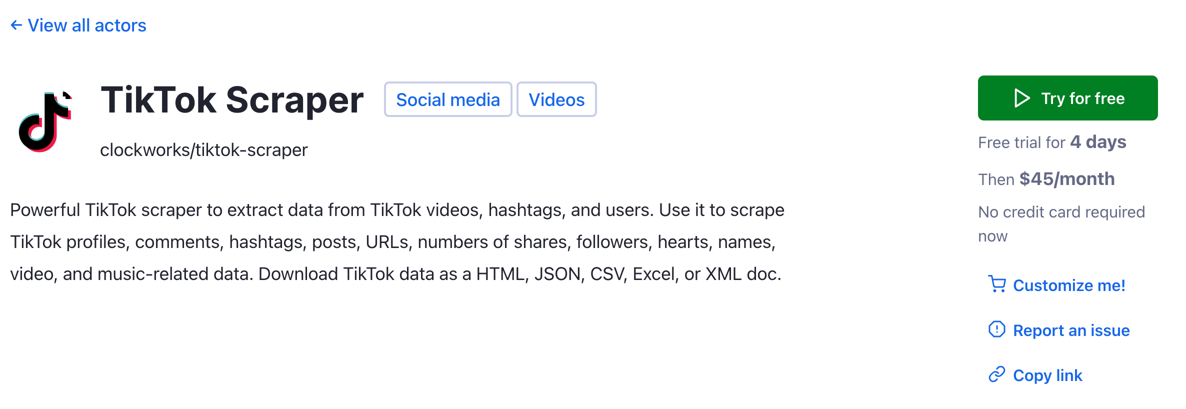 Step 1. Go to TikTok Scraper and click Try for free