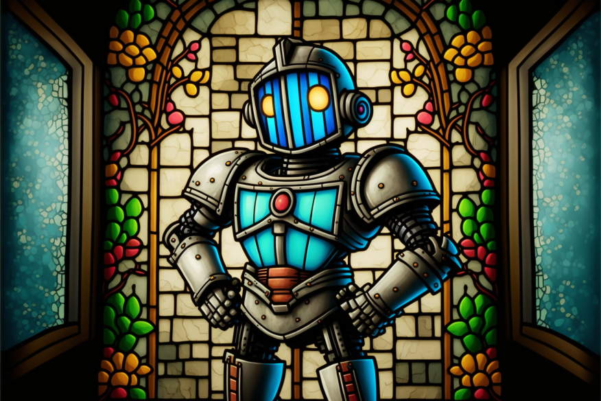 Illustration of a robot in a stained glass, image generated by Midjourney