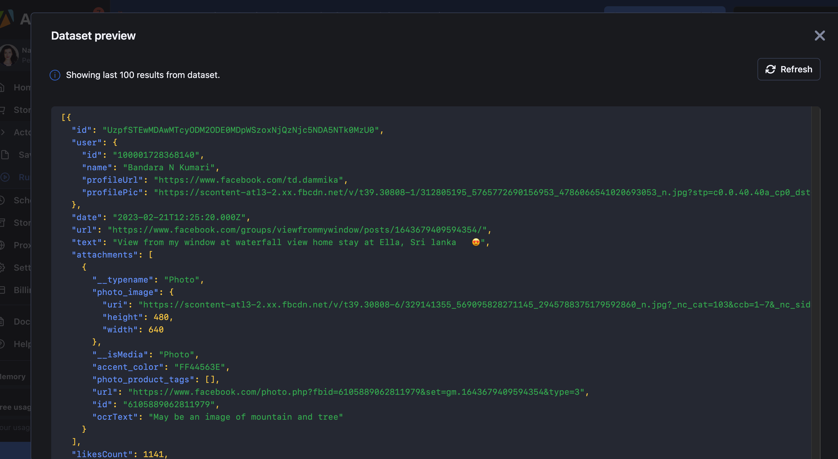 Preview of data scraped from Facebook Groups in JSON - screenshot of Apify Console