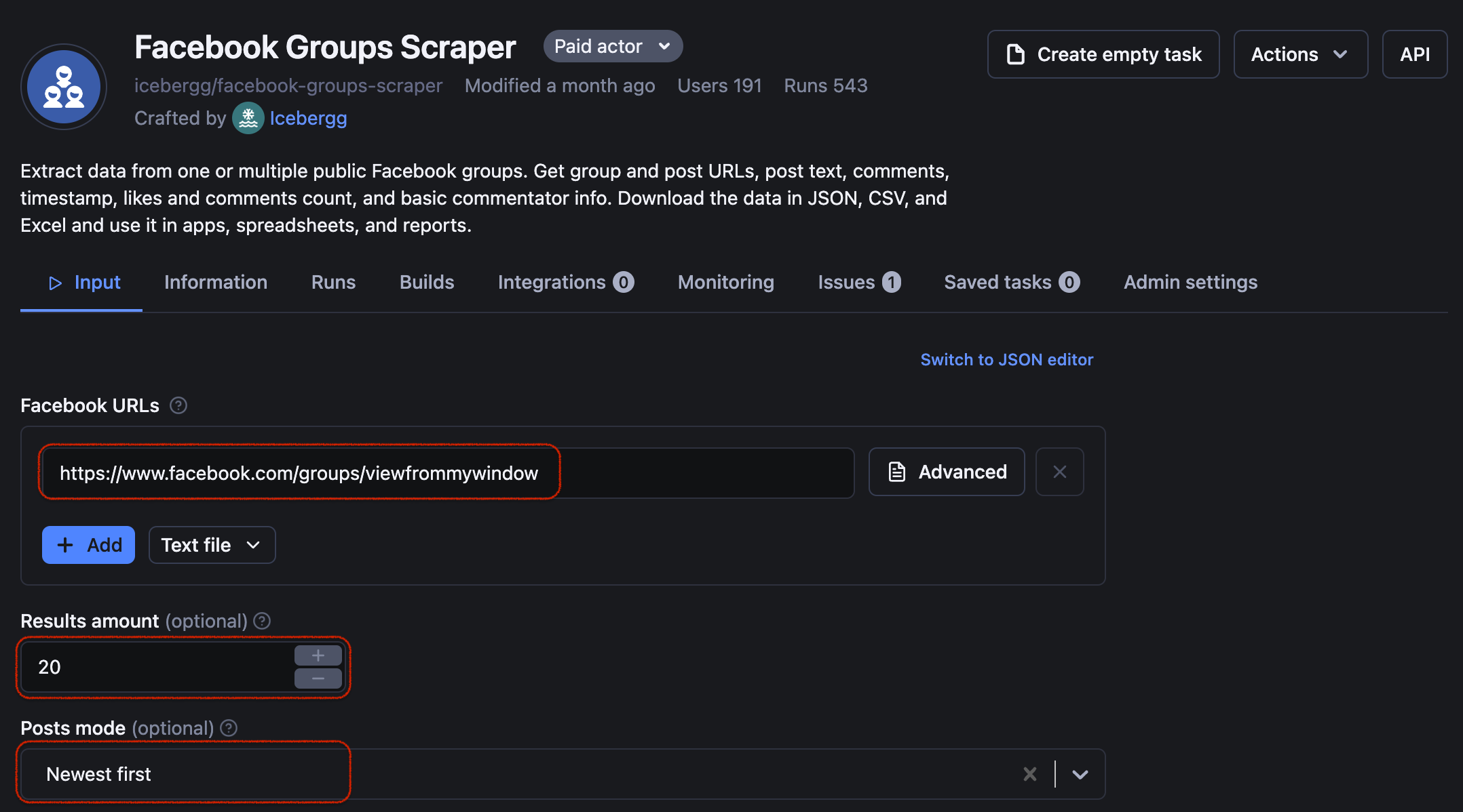 Add a URL of a group, specify the number of posts you want to extract, and the way of sorting the posts - screenshot of Apify Console