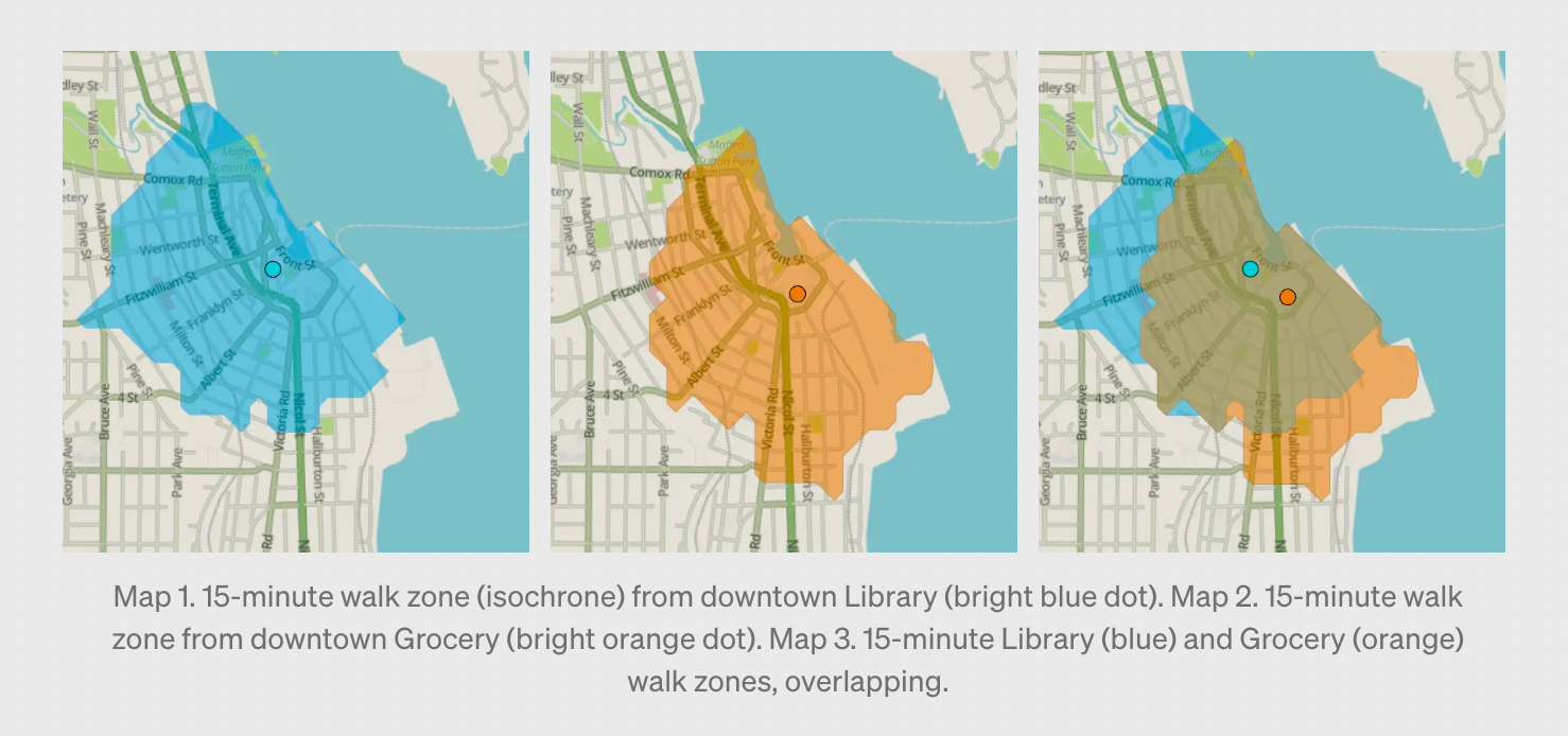 15-minute walk zone (isochrone) from the downtown library and grocery shop, overlapping.