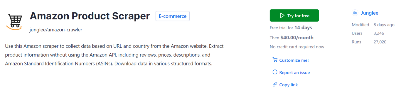 Screenshot of Amazon Product Scraper page on Apify Store