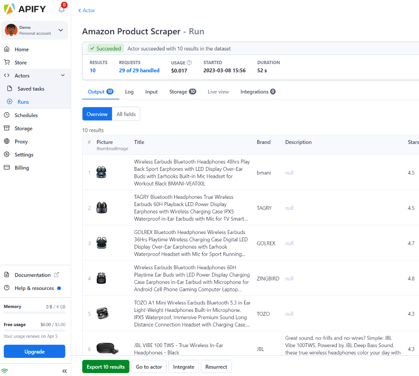 Screenshot of Amazon Product Scraper with a completed run