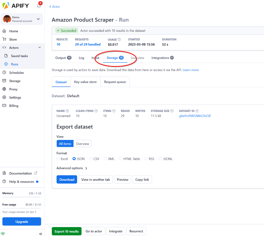 Screenshot of Amazon Product Scraper dataset storage format options