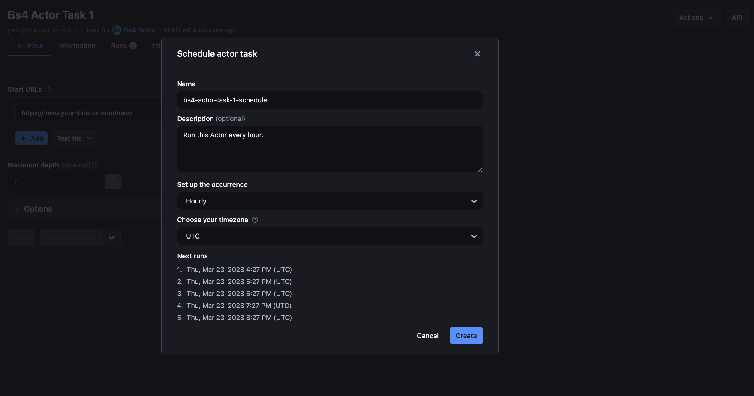 Apify Schedule configuration