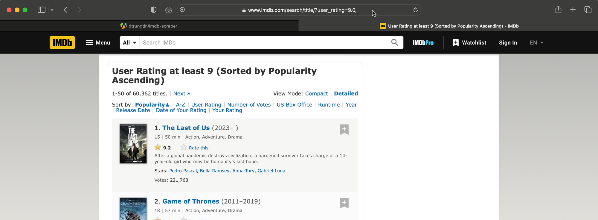 Screenshot of IMDb search results filtered by titles with a user rating of over 9.0