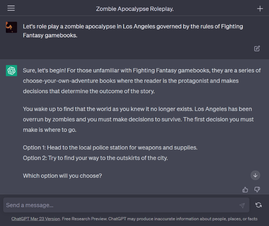 Screenshot of using ChatGPT for solo roleplaying