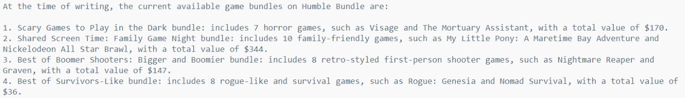 Screenshot of GPT answer with correct list of Humble Bundle games, along with total value