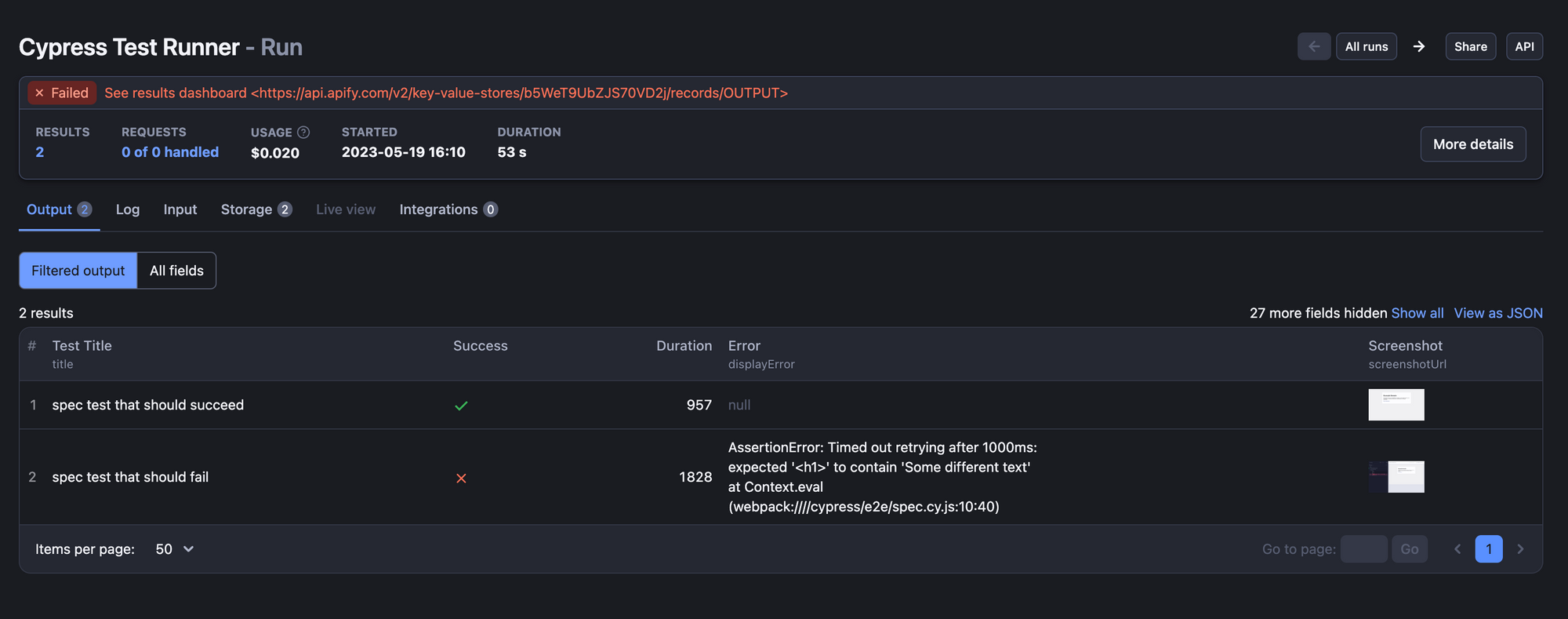 Run result: one test failed and one test succeeded