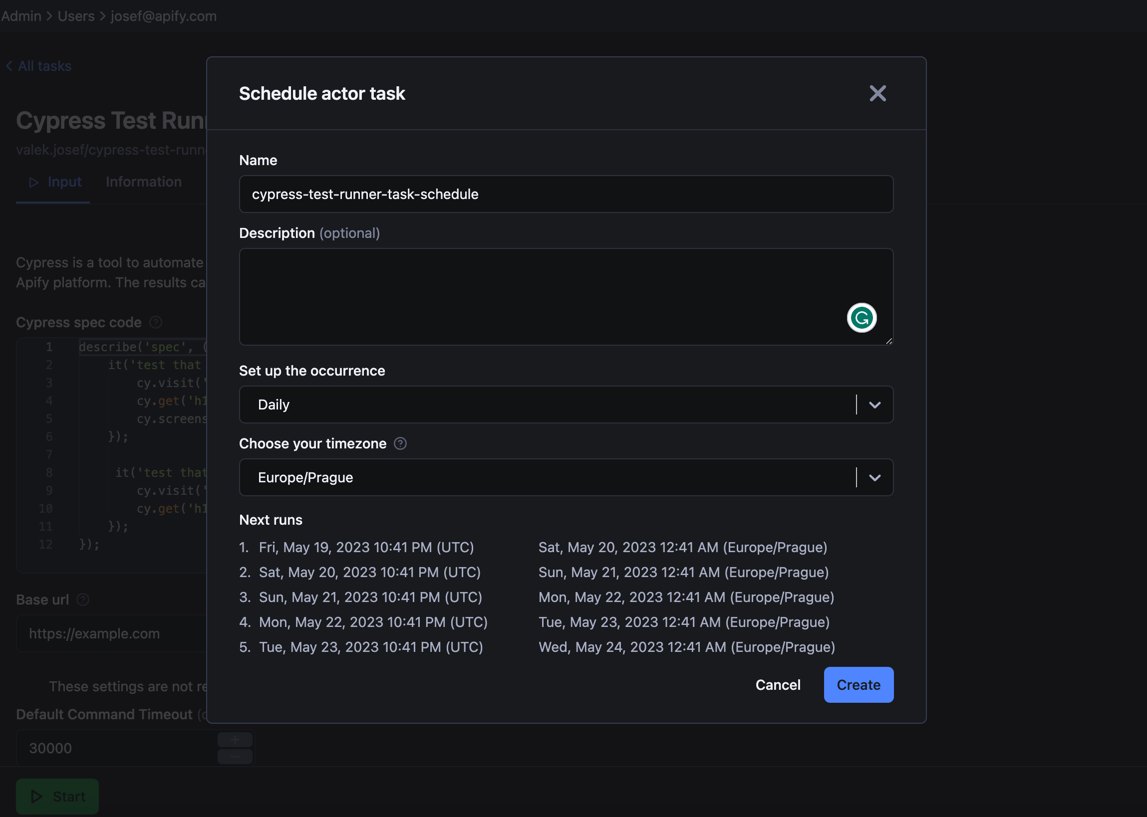 Step 7. Schedule your test to run hourly, daily, etc.